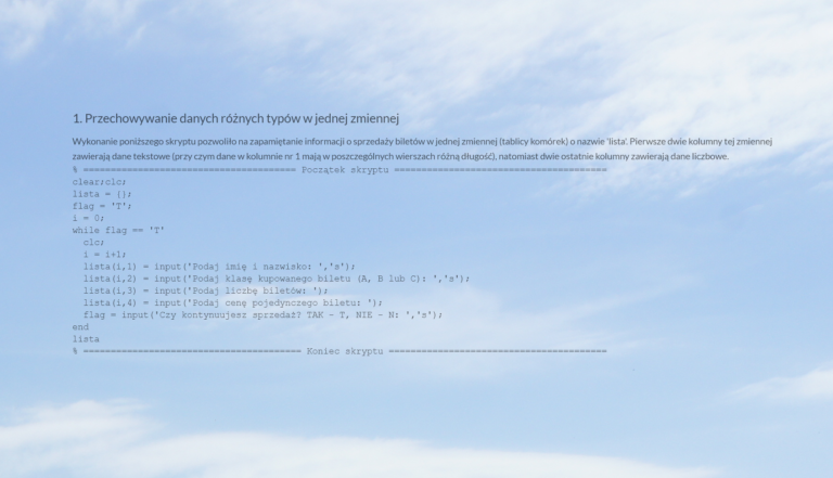 Octave w obliczeniach: przykład zastosowań zaawansowanych typów danych